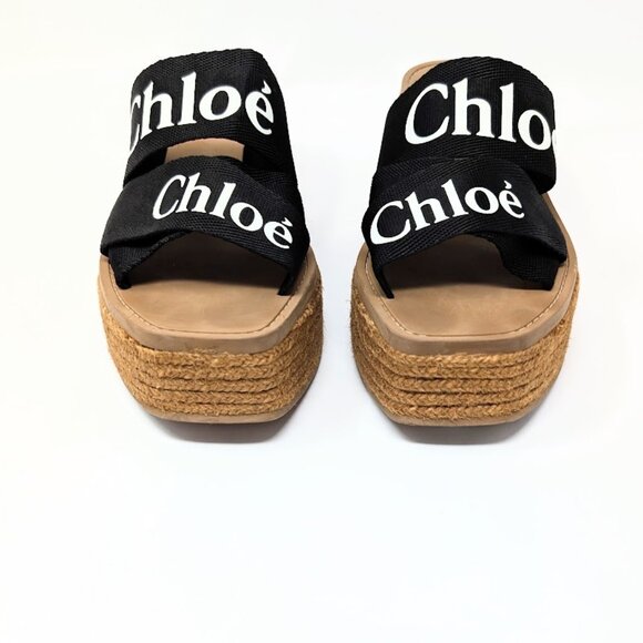 CHLOÉ Woody Wedge Espadrille Platform Sandal Black Canvas Logo Strap EU 41 US 11 - Picture 4 of 9